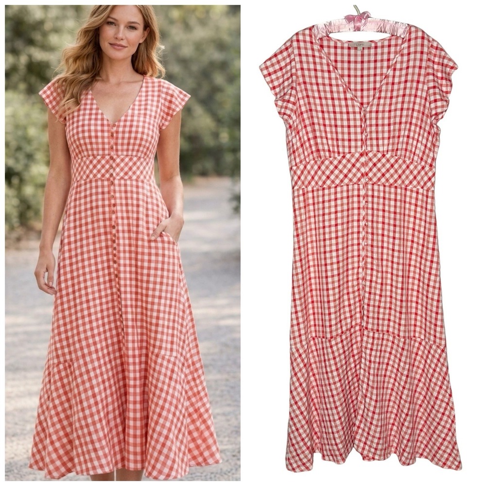 Ann Taylor LOFT Sz 18 XXL 2X Gingham Plaid Flutter Sleeve Maxi Prairie Dress